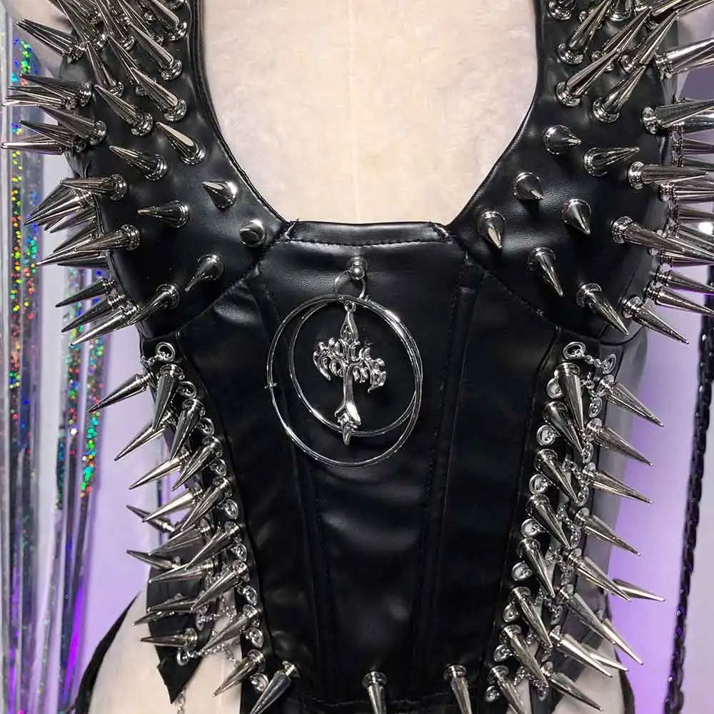 Gothic PU Leather Spike Tank Top Rivet Y2K Cyber Punk Crop 19
