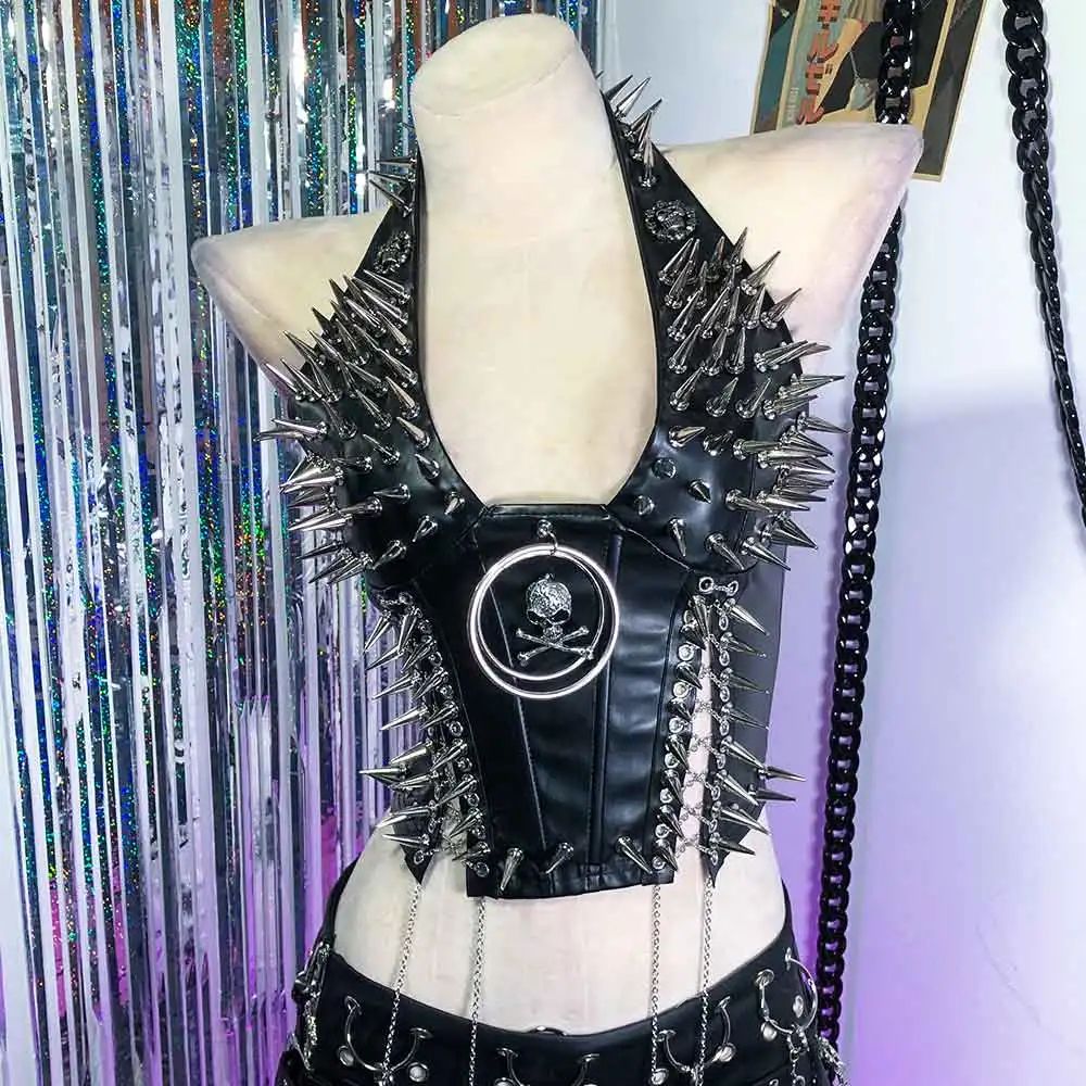 Gothic PU Leather Spike Tank Top Rivet Y2K Cyber Punk Crop 20