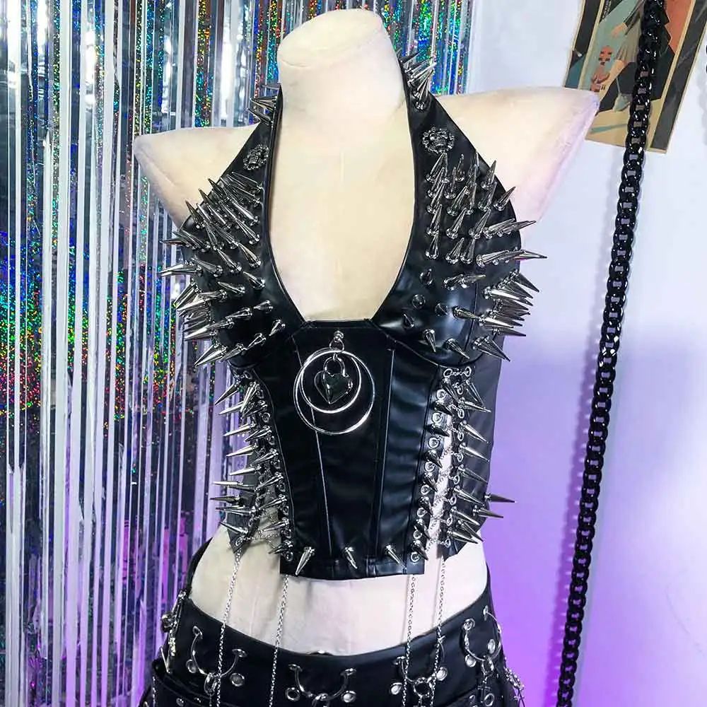 Gothic PU Leather Spike Tank Top Rivet Y2K Cyber Punk Crop 21