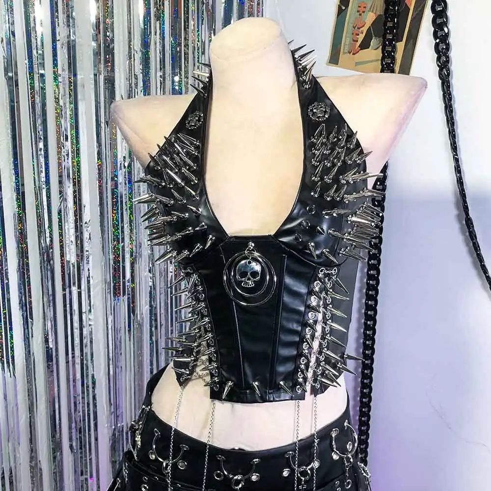 Gothic PU Leather Spike Tank Top Rivet Y2K Cyber Punk Crop 22