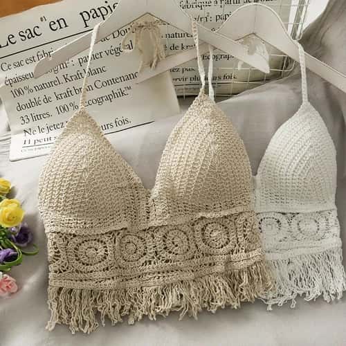 Retro Lace Halter Hollow-Out Crop Top – Tassel Beach Cami with Built-In Bra