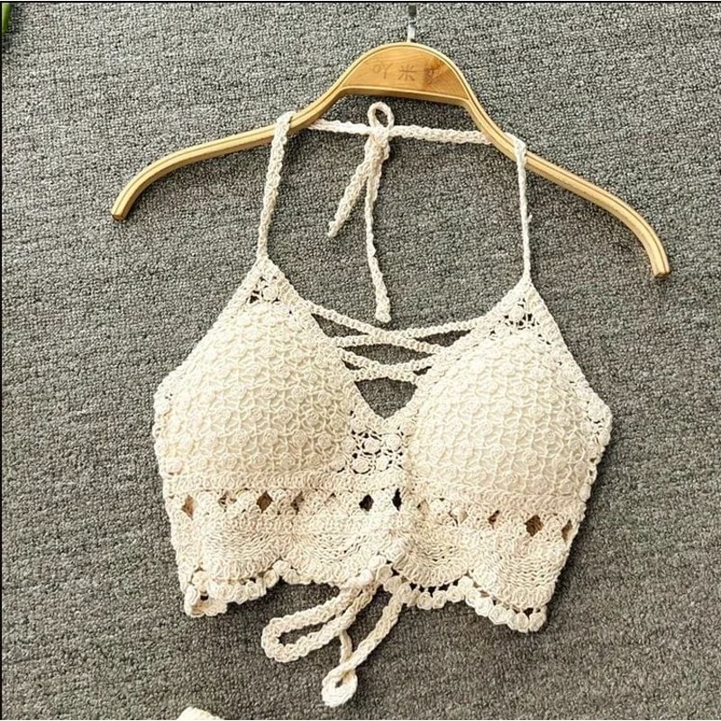 Retro Lace Halter HollowOut Crop Top Tassel Beach Cami With BuiltIn Bra 10