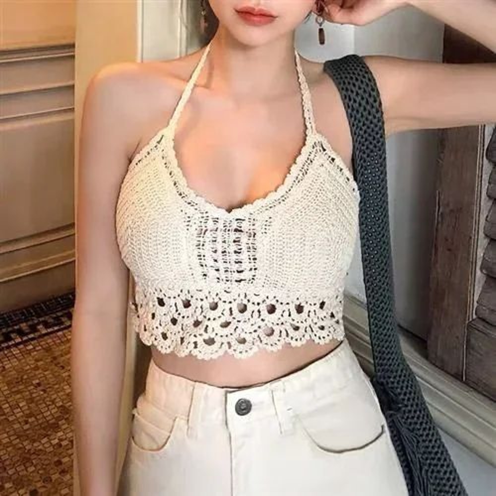 Retro Lace Halter HollowOut Crop Top Tassel Beach Cami With BuiltIn Bra 14