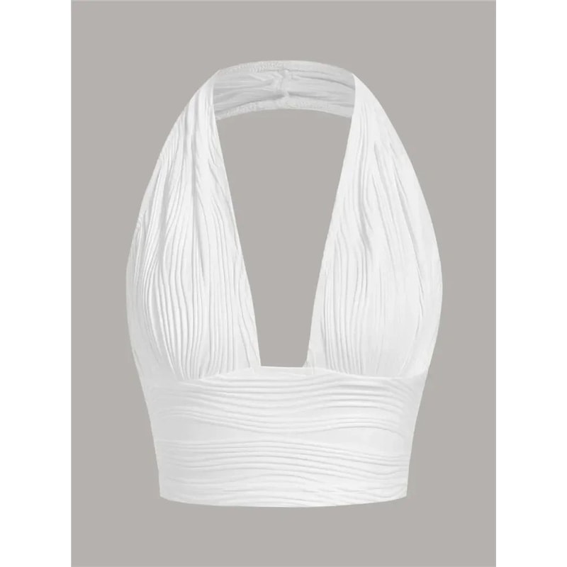 Solid White Deep V Backless Halter Crop Top Y2K Grunge Streetwear Tank 0