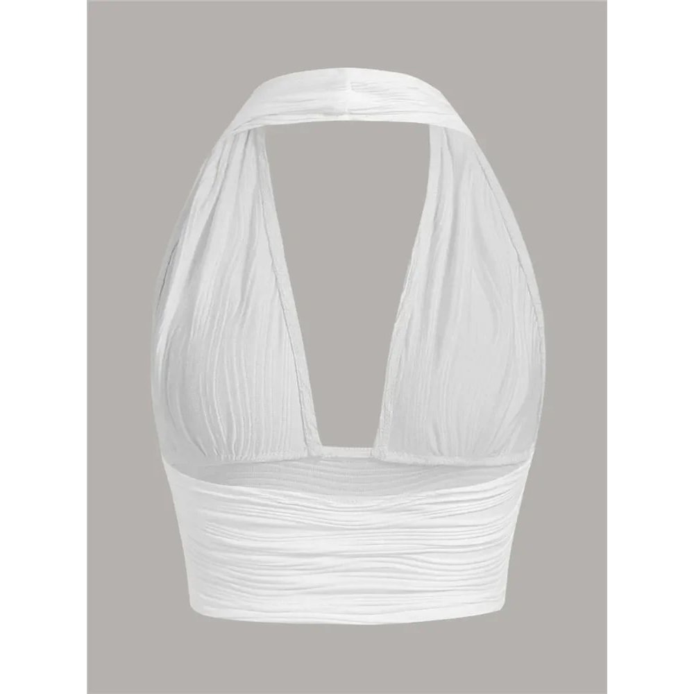 Solid White Deep V Backless Halter Crop Top Y2K Grunge Streetwear Tank 1