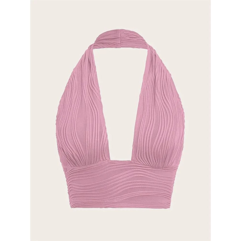 Solid White Deep V Backless Halter Crop Top Y2K Grunge Streetwear Tank 6