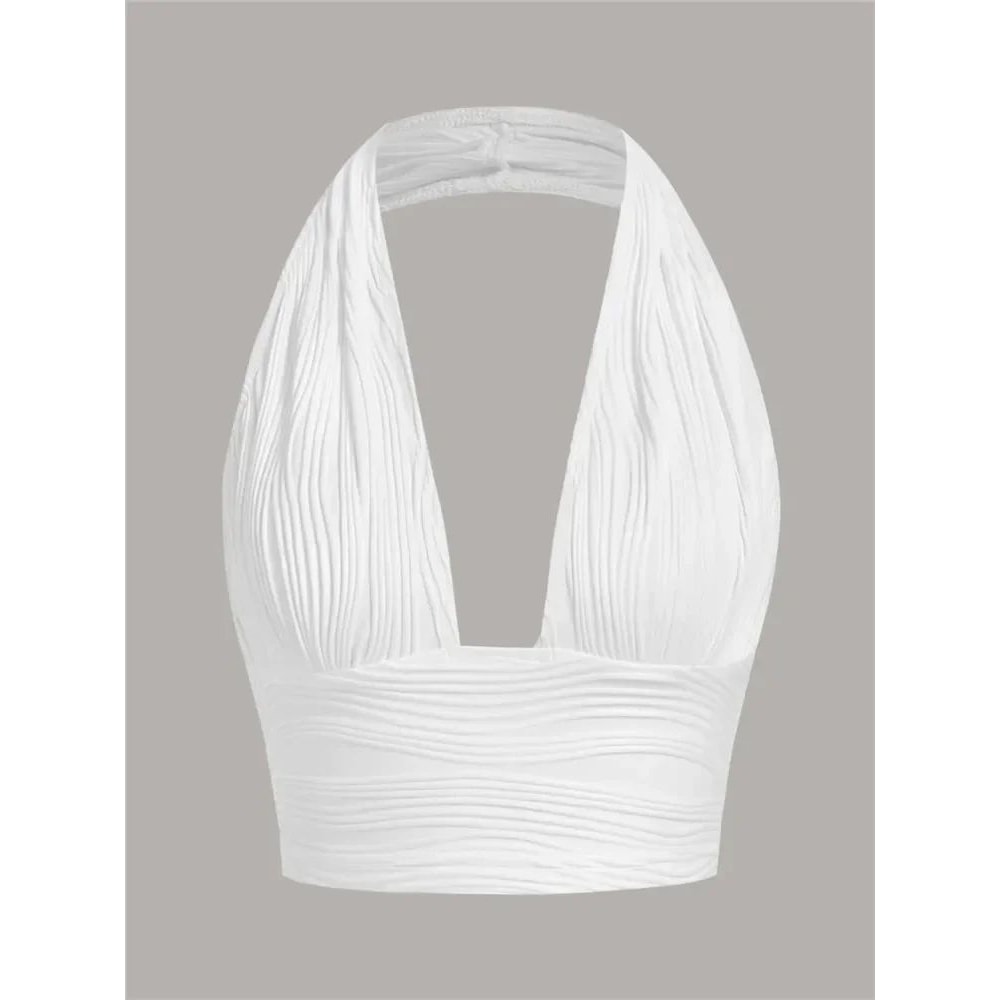 Solid White Deep V Backless Halter Crop Top Y2K Grunge Streetwear Tank 7