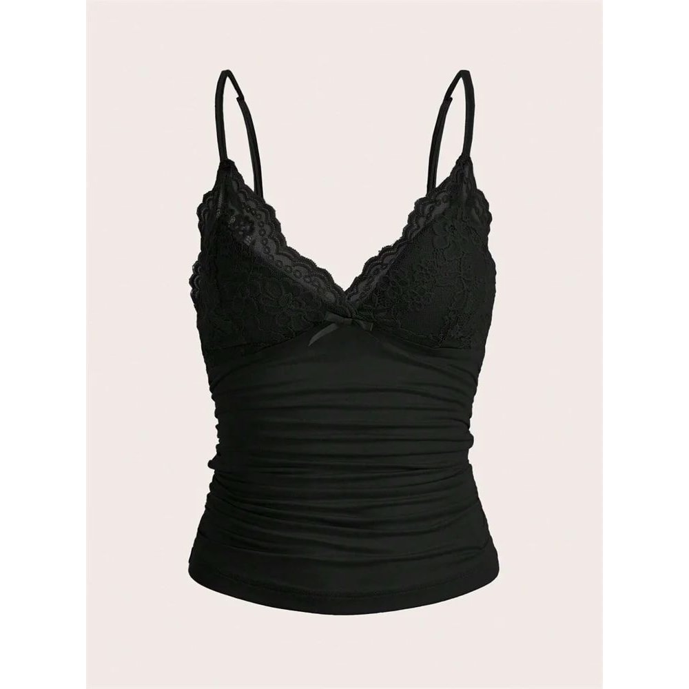 Phumee Y2K Contrast Lace Bow Front Backless Crop Cami Top 4