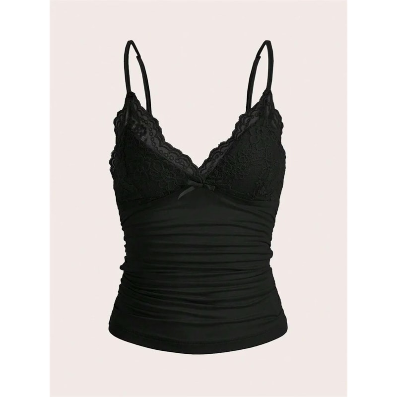 Phumee Y2K Contrast Lace Bow Front Backless Crop Cami Top 4