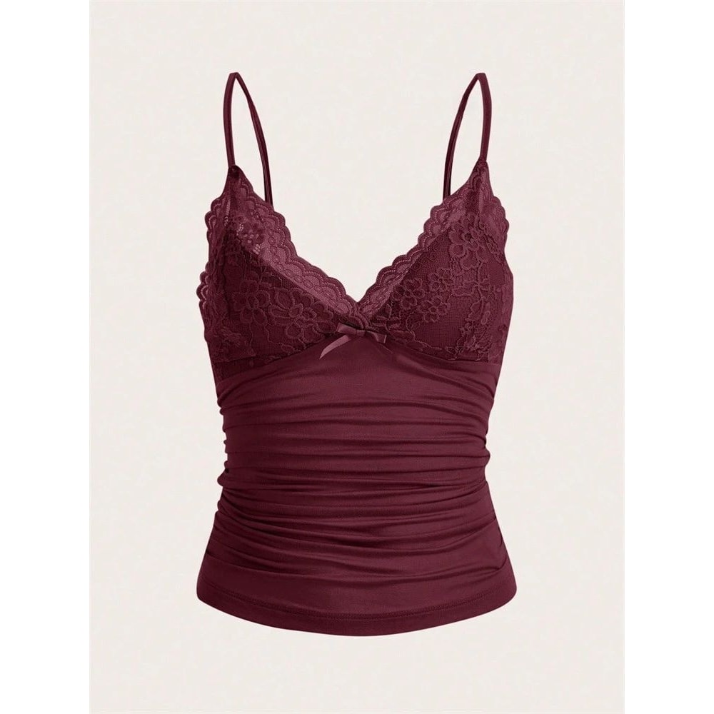 Phumee Y2K Contrast Lace Bow Front Backless Crop Cami Top 6