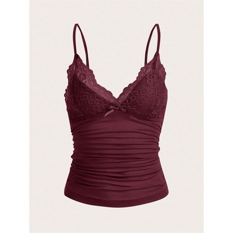 Phumee Y2K Contrast Lace Bow Front Backless Crop Cami Top 6