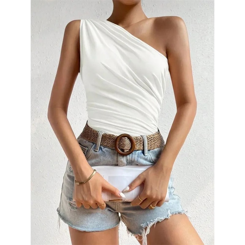 Phumee One Shoulder Ruched Pleated Summer Tank Top For Women 0