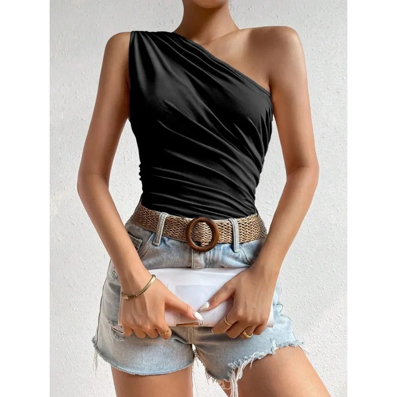 Phumee One Shoulder Ruched Pleated Summer Tank Top For Women 6