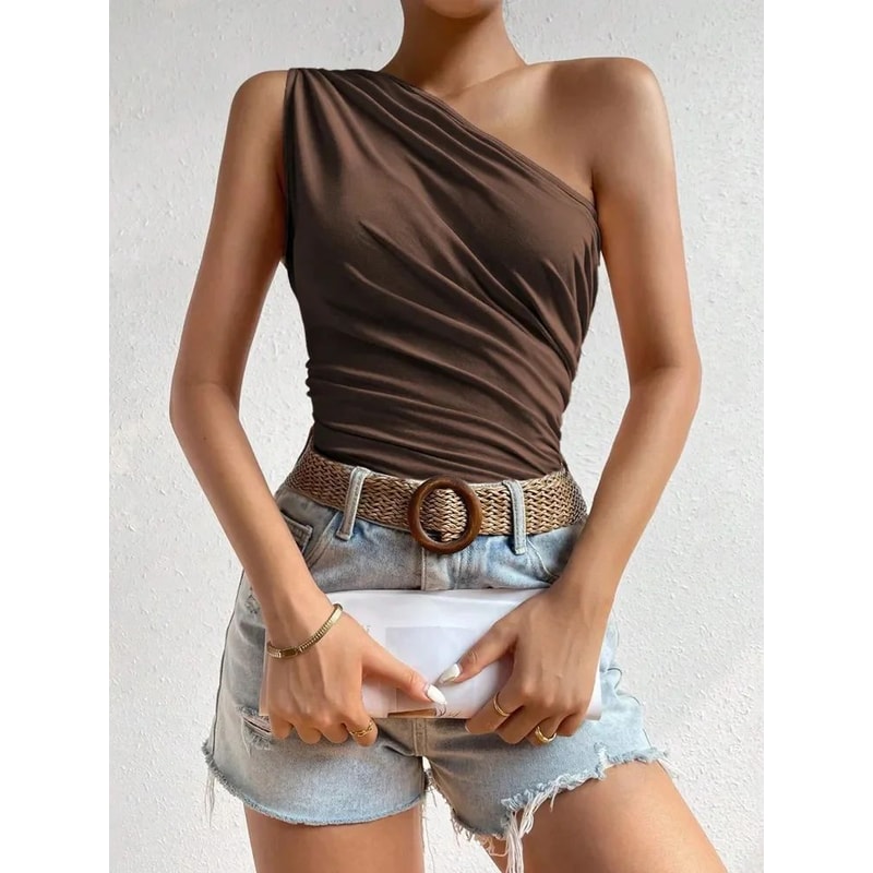 Phumee One Shoulder Ruched Pleated Summer Tank Top For Women 7