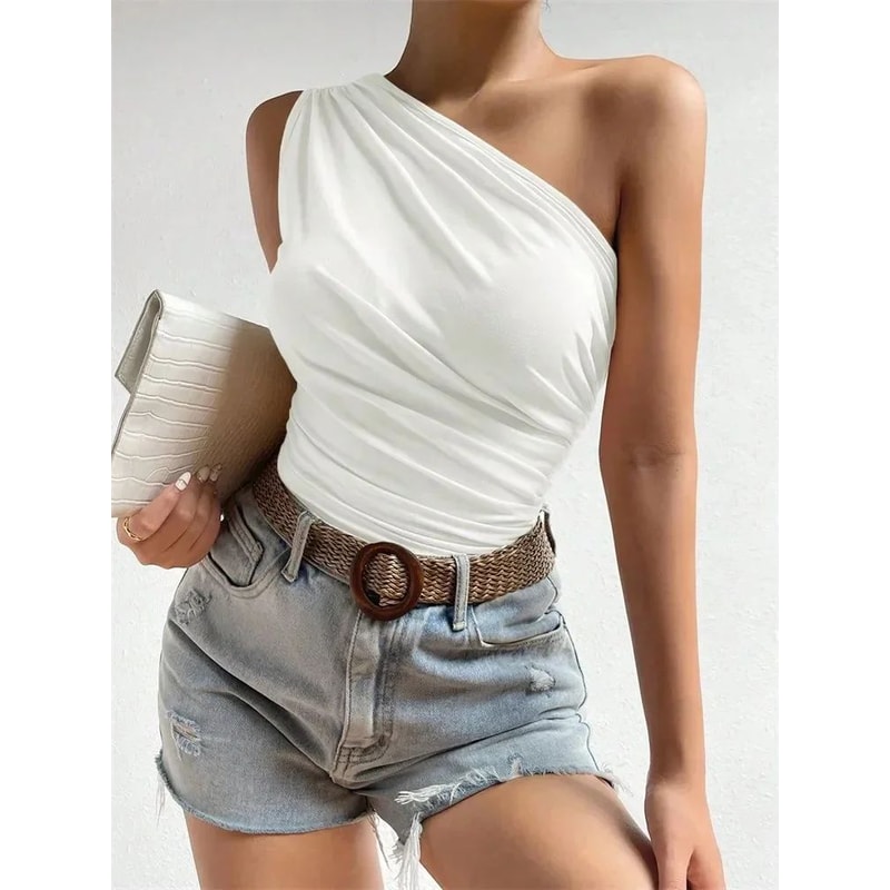 Phumee One Shoulder Ruched Pleated Summer Tank Top For Women 8