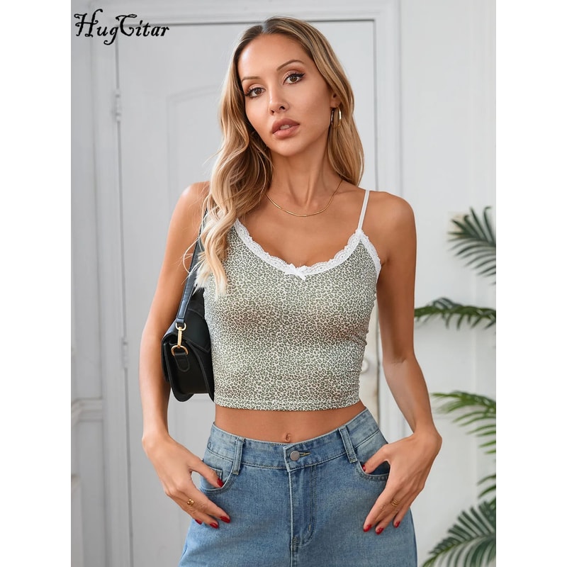 Hugcitar 2025 Leopard Print Lace Bow Y2K Slim Crop Cami Top 5