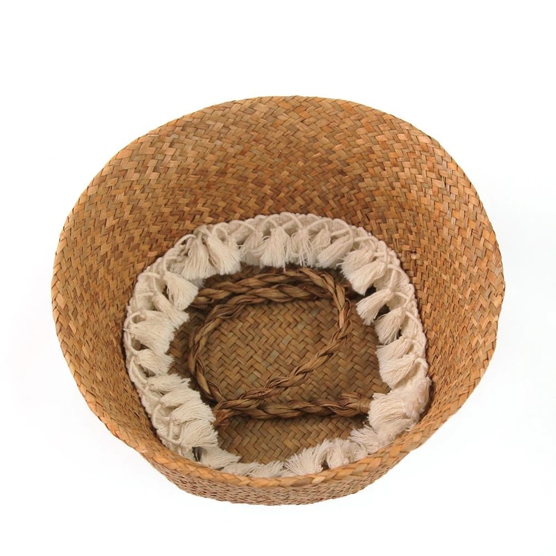 Macrame Seagrass Belly Basket With Tassels Woven Storage Basket For Laundry Toys Plants Home Deco 1