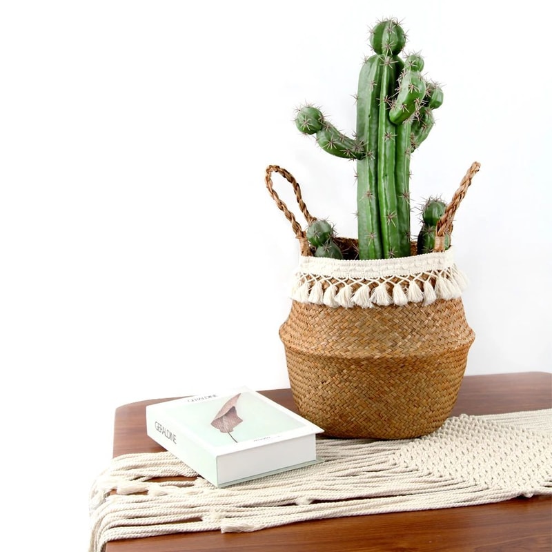 Macrame Seagrass Belly Basket With Tassels Woven Storage Basket For Laundry Toys Plants Home Deco 2