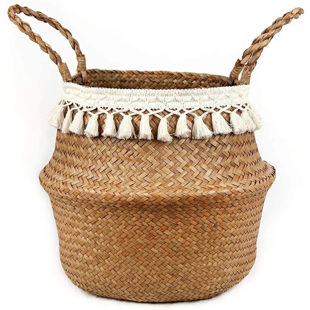 Macrame Seagrass Belly Basket With Tassels Woven Storage Basket For Laundry Toys Plants Home Deco 3