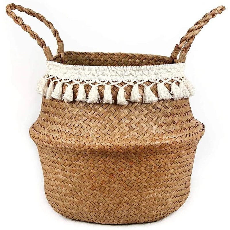 Macrame Seagrass Belly Basket With Tassels Woven Storage Basket For Laundry Toys Plants Home Deco 3