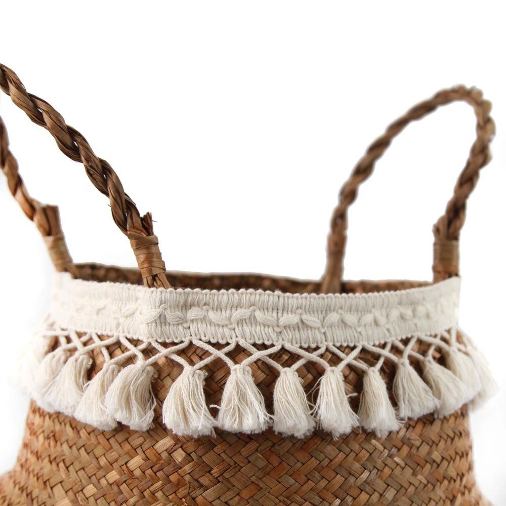Macrame Seagrass Belly Basket With Tassels Woven Storage Basket For Laundry Toys Plants Home Deco 4