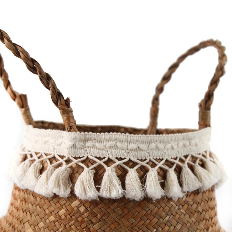 Macrame Seagrass Belly Basket With Tassels Woven Storage Basket For Laundry Toys Plants Home Deco 4