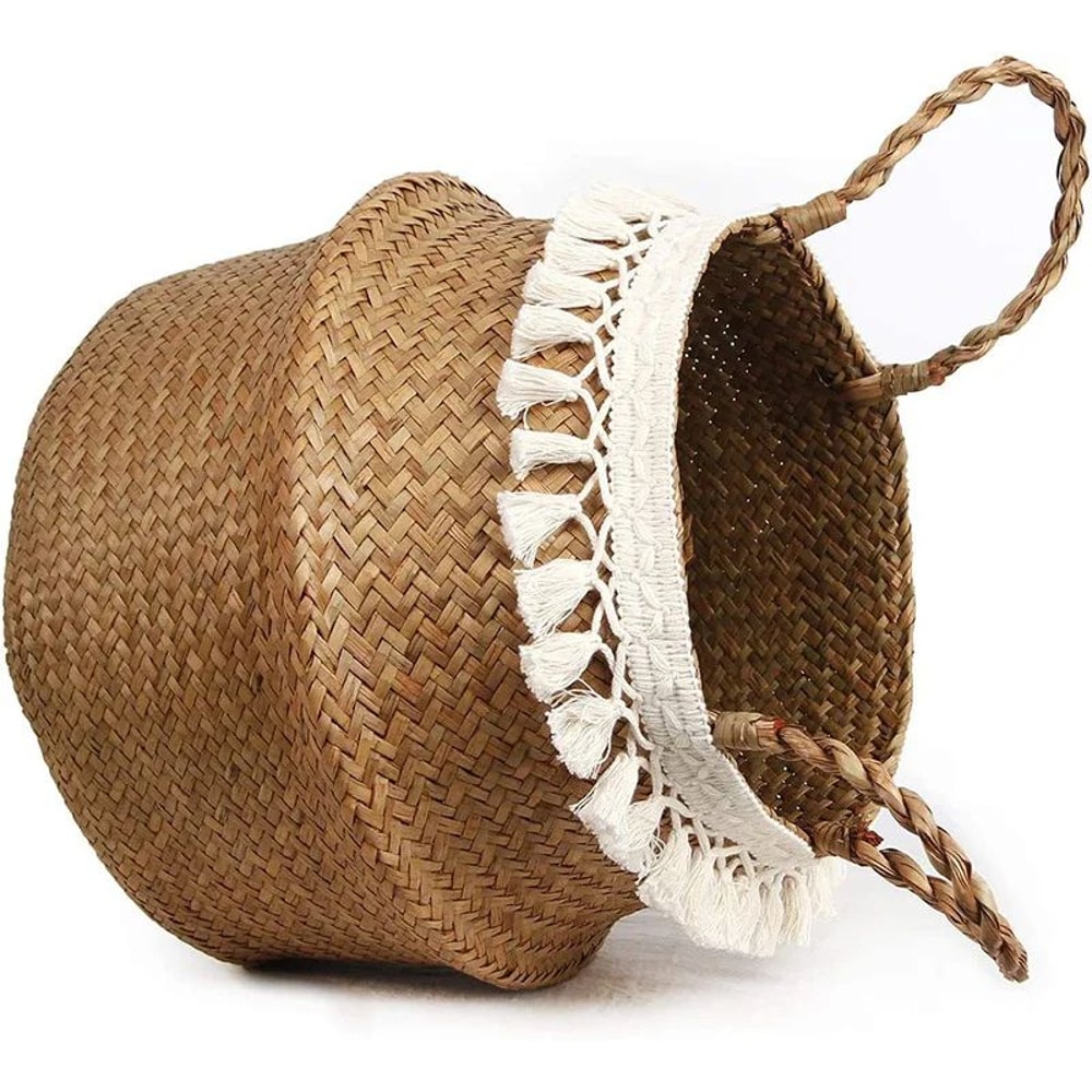 Macrame Seagrass Belly Basket With Tassels Woven Storage Basket For Laundry Toys Plants Home Deco 5