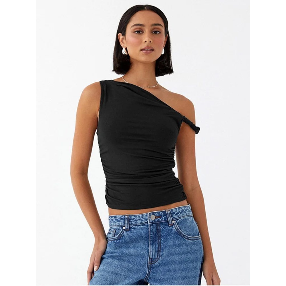 OffShoulder Ruched Crop Tank Top Casual Summer Sleeveless Blouse For Women 3