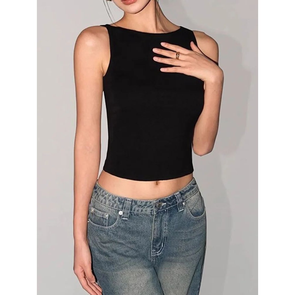 Dozw Double Layer Boat Neck Slinky Tank Top Soft High Stretch High Street Crop 4