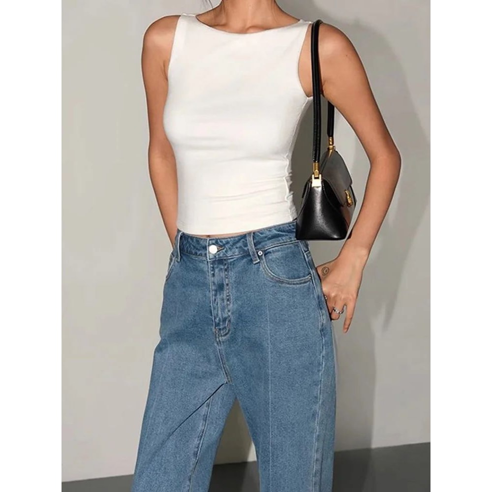 Dozw Double Layer Boat Neck Slinky Tank Top Soft High Stretch High Street Crop 9