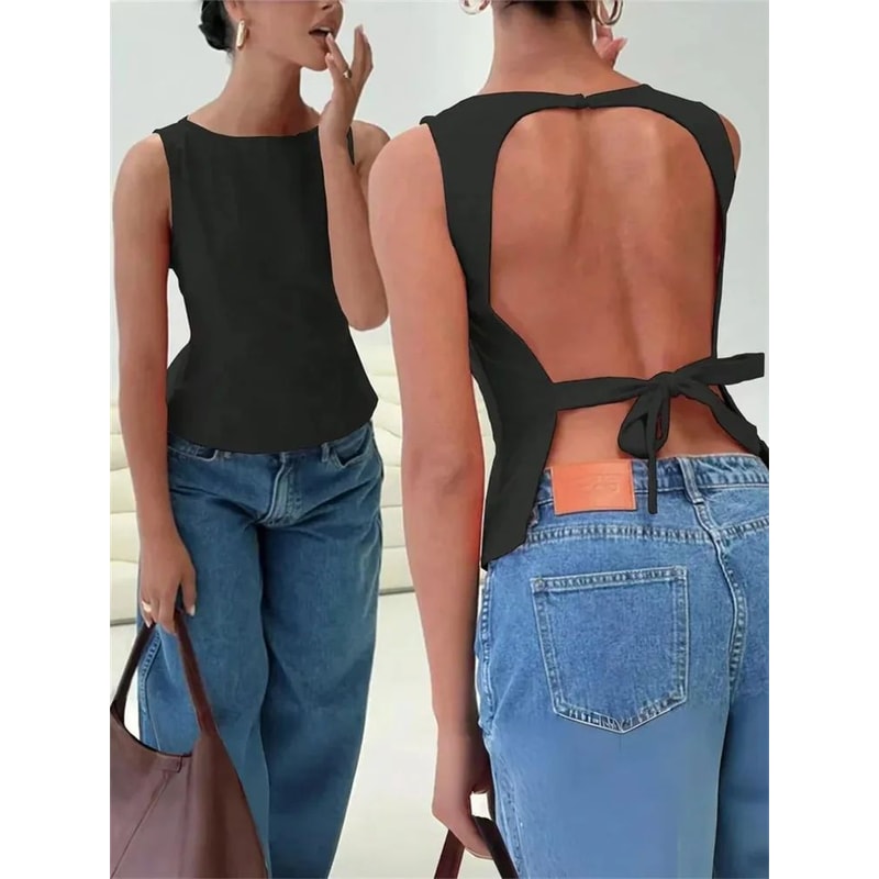Sexy Knot Backless Tank Top Solid Y2K Summer Club Streetwear For Women 2025 5