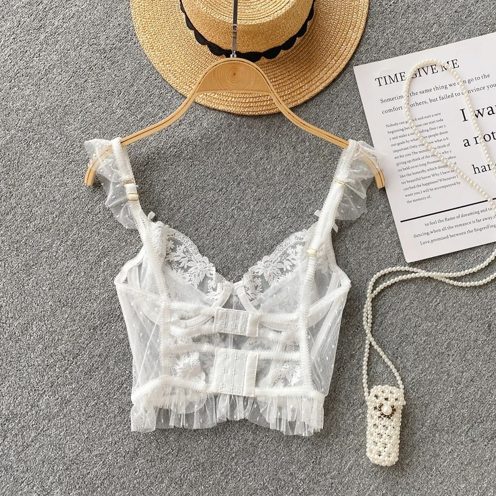 French Chic Lace Corset Camisole Sexy Backless Sheer Spaghetti Strap Tank Top 3