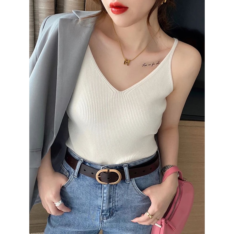 Korean VNeck Knitted Suspender Crop Camisole High Stretch Summer Basic Tank For Women 1
