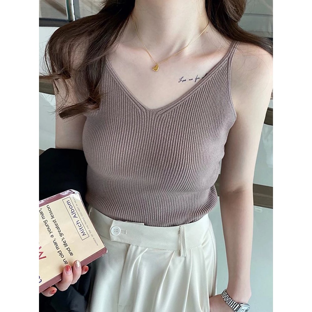 Korean VNeck Knitted Suspender Crop Camisole High Stretch Summer Basic Tank For Women 4
