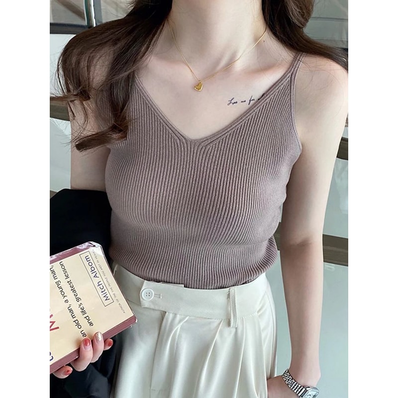 Korean VNeck Knitted Suspender Crop Camisole High Stretch Summer Basic Tank For Women 8