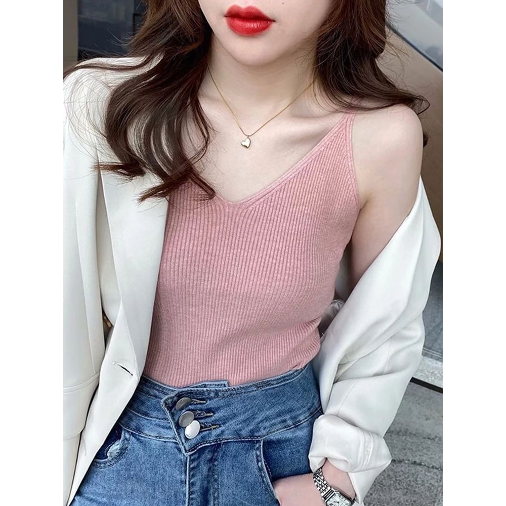Korean VNeck Knitted Suspender Crop Camisole High Stretch Summer Basic Tank For Women 12