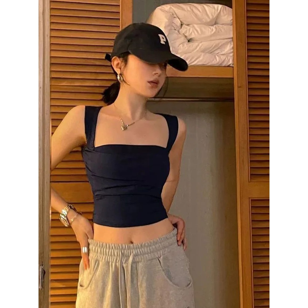 Square Neck Pleated Slim Fit Crop Tank Sexy Low Cut Summer Club Camisole For Women 2025 1
