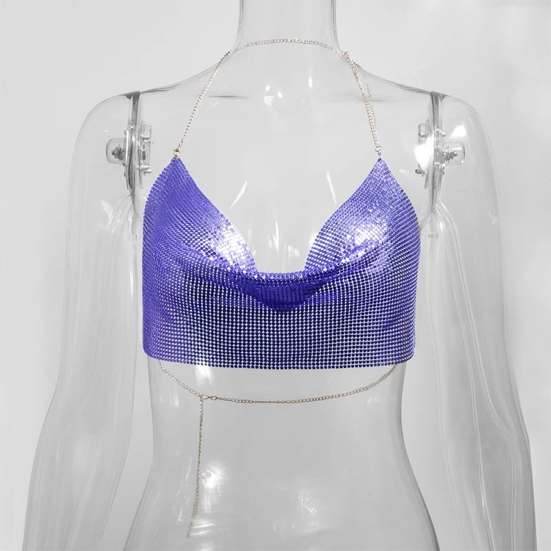 Metallic Halter Corset Crop Top Sexy Glitter Backless Party Tank For Women 9