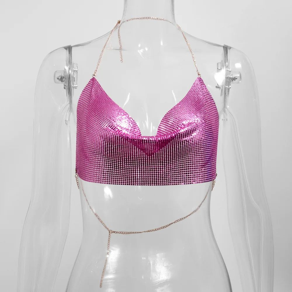 Metallic Halter Corset Crop Top Sexy Glitter Backless Party Tank For Women 10