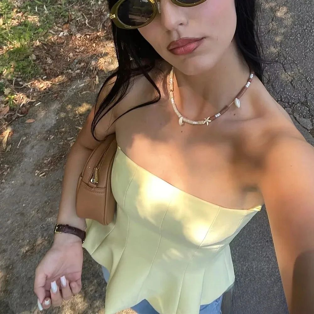 KONDALA Butter Yellow Ruffle Tube Top Sexy Strapless Y2K Summer Party Crop 0