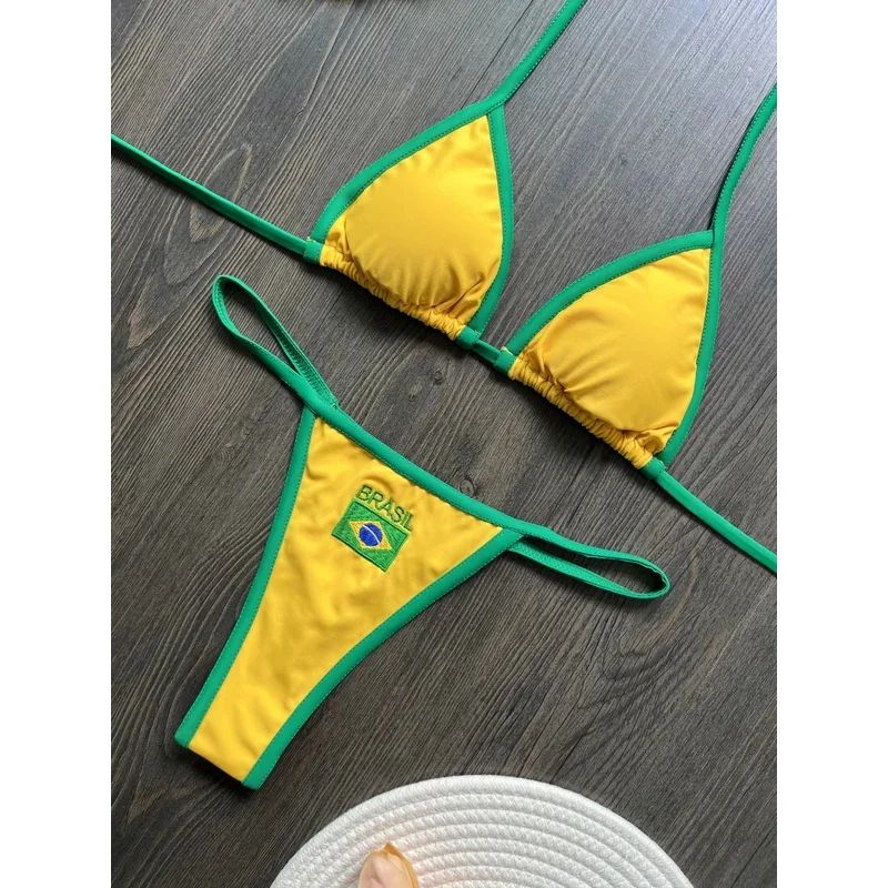Embroidered Brazil Flag Bikini Set Contrast Patchwork Low Waist Beach Swimsuit 9