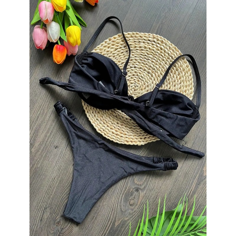 2025 3D Flower VWire Micro Bikini Set Underwired Pleated Thong Swimsuit For Women 3