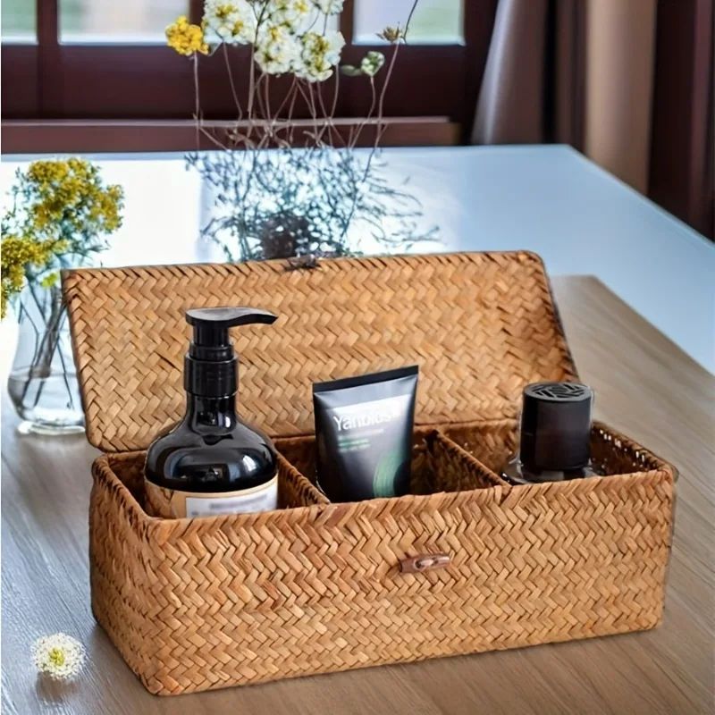 Vintage Woven Partitioned Storage Box Handcrafted Rectangular Shelf Organizer Basket For Home Orga 6