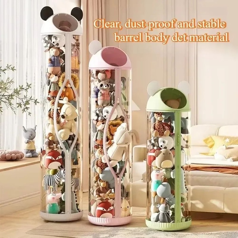 Cartoon Transparent Toy Storage Bucket With Lid Cute Plush Doll Organizer Tube 0