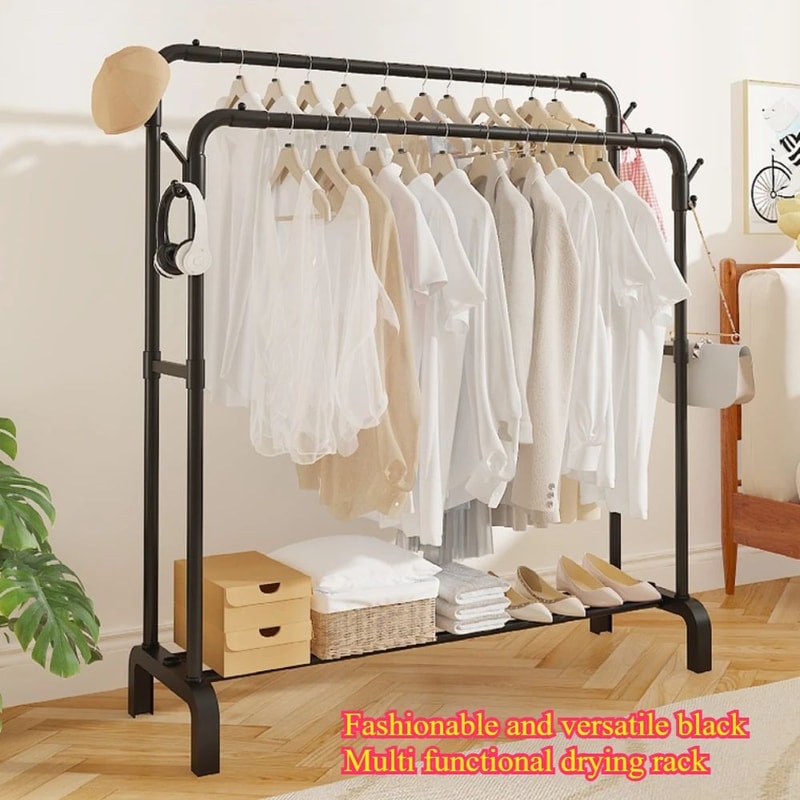Detachable Metal Clothes Rack Floor Standing Garment Drying Rack With Side Hooks 2