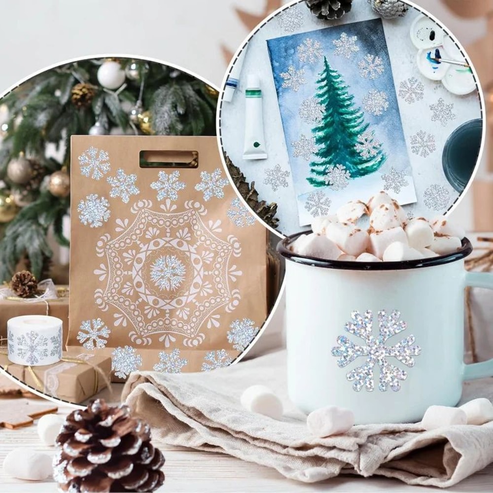 Laser Silver Winter Snowflake Sticker Roll 500pcsroll Waterproof Christmas SelfAdhesive Decals 5