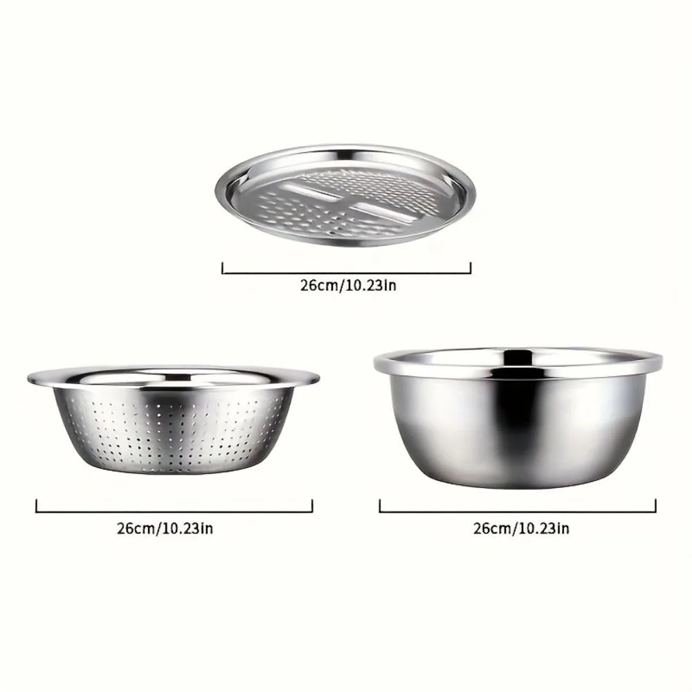 3Piece Stainless Steel Strainer Mixing Bowl Set Multifunctional Fruit And Vegetable Washing Kit 3