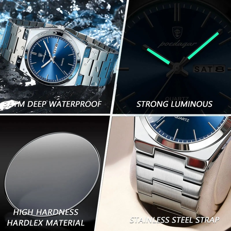 POEDAGAR Luxury Waterproof Luminous Mens Quartz Watch Stainless Steel Date Week Business Timepiec 3
