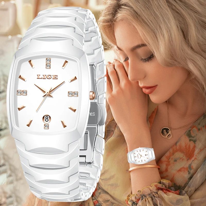 LIGE Elegant Square Womens Quartz Watch Luxury Ceramic Stainless Calendar Ladies Wristwatch 0