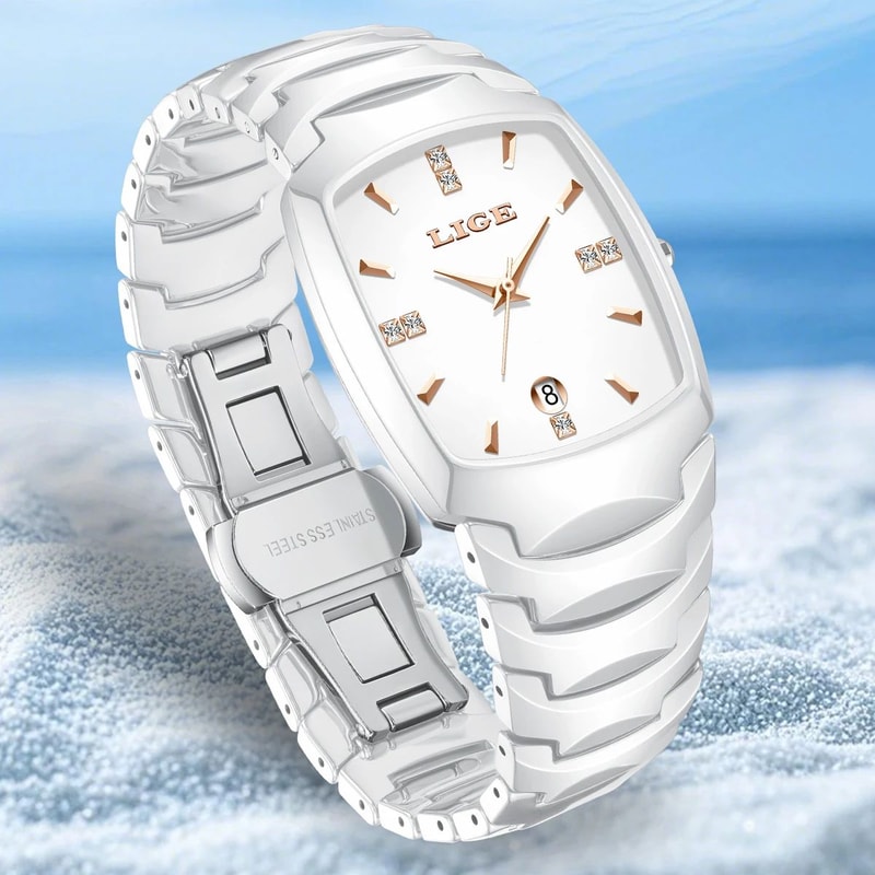 LIGE Elegant Square Womens Quartz Watch Luxury Ceramic Stainless Calendar Ladies Wristwatch 1